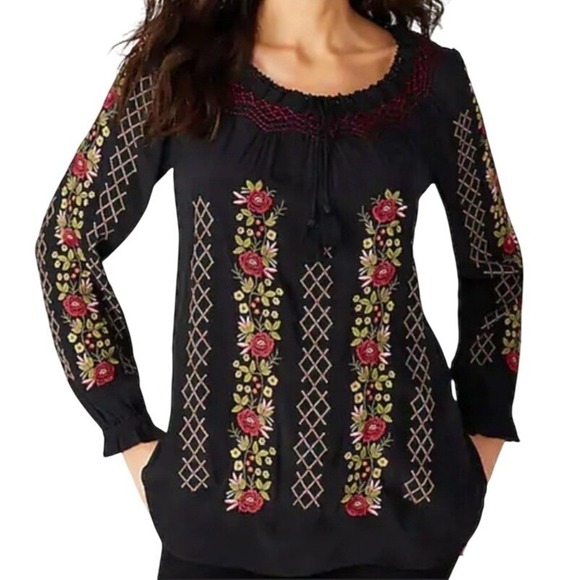 J. Jill Tops - J Jill Black Embroidered Floral V Neck Tassel Long Sleeve Petite Blouse Top‎ S